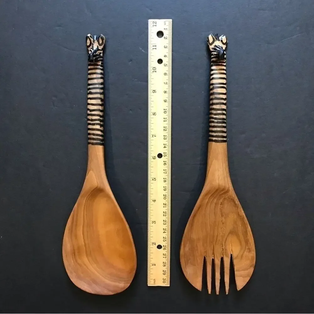 African Hand Carved Wooden Zebra Serving Spoons, Two Piece Set
